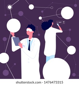 Researching scientist. Man in white lab coat checking neural structure in neuroscience laboratory. Science researchers vector concept. Illustration research professional experiment