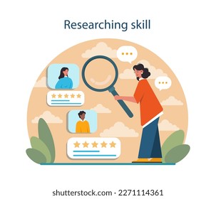 Researching skill. Human resources manager soft skills. HR agent competencies and professional ethic. Job recruitment, new applicant research, vacant position candidate. Flat vector illustration