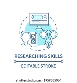 Researching skills blue concept icon. Analyzing information. Evaluate and assess data. Problem solving idea thin line illustration. Vector isolated outline RGB color drawing. Editable stroke