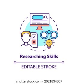 Researching skills concept icon. Analyzing information. Evaluate and assess data. Problem solving idea thin line illustration. Vector isolated outline RGB color drawing. Editable stroke