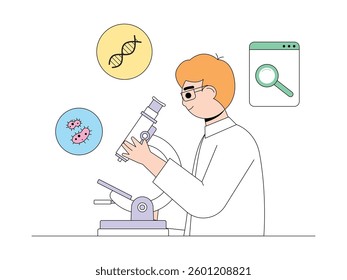 Researching the source of bacteria that can reduce human immunity through DNA, semi outline style, research vector illustration.