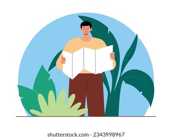 Researching the trails alone, male adventurer reading the map he brought with him, jungle vector illustration.