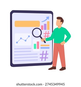 Researching Trends, Analyzing popular topics for content growth, Flat vector character illustration