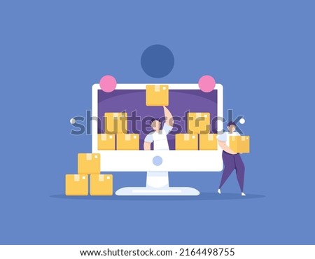 reseller, e-commerce business, online shop, shipping service. customers buy or shop for goods through the monitor. distributors and suppliers. flat cartoon illustration. vector concept design