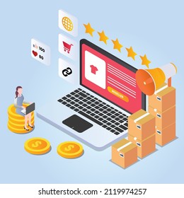 Reseller vector concept. Female reseller using a laptop while sitting on the stack of coin