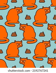 Resentful cat pooped pattern seamless. Pet is offended and shit background. bad home animal texture