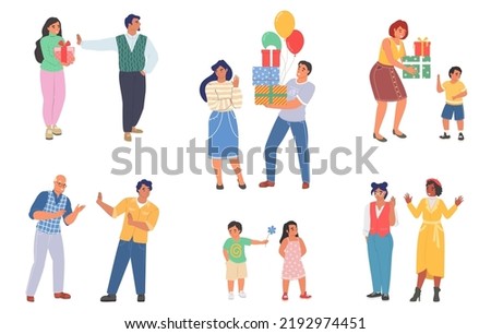 Resentment concept. Different vector people set. Adults and children misunderstanding illustration. Relationship problem between parents, children, friends, couple and relatives