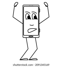 Resentimiento y descontento por el smartphone. Un smartphone con las manos levantadas y una emoción en la pantalla. Icono vectorial, contorno, caricatura, aislado. Trazo editable