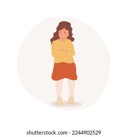 Ressentiments einzelne Cartoon Vektorgrafik. Offenes Mädchen allein stehend, verärgerte Kinderpsychologie, sozioemotionale Entwicklung, unzufriedener Gesichtsausdruck, Vektorgrafik.