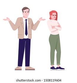 Resentment and perplexity flat vector illustration. Couple arguing. Relationship crisis, misunderstanding. Family quarrel. Angry woman and annoyed man isolated cartoon characters with outline on white