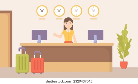 Reseption in hotel illustration. Administrator сheck in or check out. Hospitality touristic industry. Cartoon character vector. 