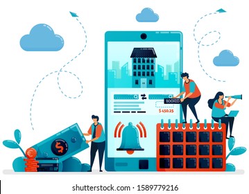 Reservation, booking, order, purchases for hotel room and apartment. Mobile apps services for traveling and trip. Flat character vector illustration for landing page, web, banner, mobile apps, poster