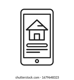 Reservation of house on smartphone black line icon. Pictogram for web page, mobile app, promo. UI UX GUI design element. Editable stroke.