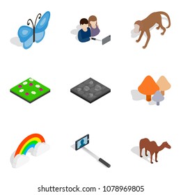 Reservation park icons set. Isometric set of 9 reservation park vector icons for web isolated on white background