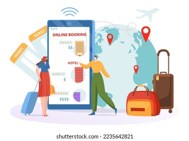 Reservation service online, vector illustration, plan travel in internet, flat tiny man woman character use smartphone app technology for booking