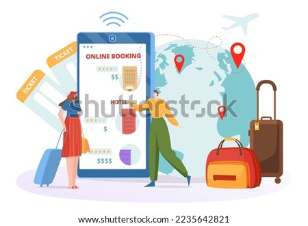 Reservation service online, vector illustration, plan travel in internet, flat tiny man woman character use smartphone app technology for booking