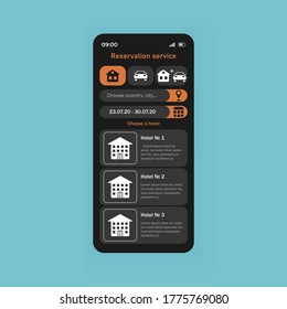 Reservation service smartphone interface vector template. Mobile app page black theme design layout. Hotel booking and car sharing application screen. Flat UI for application. Phone display