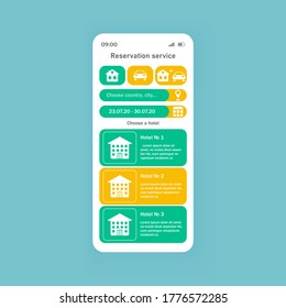 Reservation service smartphone interface vector template. Mobile app page white theme design layout. Accommodation searching and car sharing application screen. Flat UI for application. Phone display