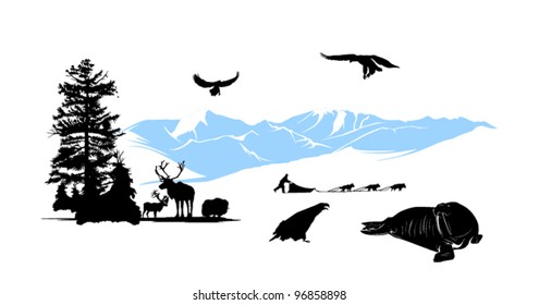 Reservation with winter animals on the snow mountains background