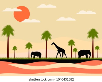 Reserve, africa landscape with animals. Giraffe and elephants, palms. Wild nature. Vector illustration