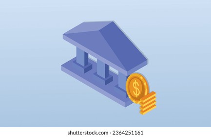 Reserve bank. Character standing near central bank building and analyzing federal budget. Government institutions.on blue background.isometric Vector Design Illustration.