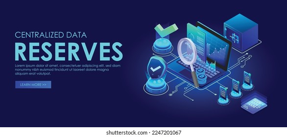 reserve data analyzing information digital centralization  stock market cryptocurrency exchange online concept, Isometric design, Vector illustration. 