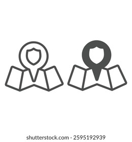 Reserve map with location pin line and solid icon, eco tourism concept. Vector graphics. Location with ecology safety emblem sign on white background, outline style icon for mobile or web design