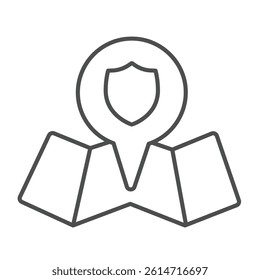 Reserve map with location pin thin line icon, eco tourism concept. Vector graphics. Location with ecology safety emblem sign on white background, linear style icon for mobile or web design
