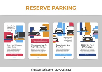 Reserve parking sale discount landing page collection vector flat illustration. Online application auto transport station space booking user interface homepage isolated. Reservation automobile place