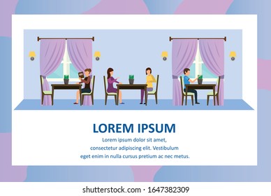 Reserve Table at Restaurant Banner. Cartoon People Sitting at Table at Cafe Chatting Vector Illustration. Woman Menu Order. Colleague Lunch Meeting, Friends Conversation at Cafeteria.