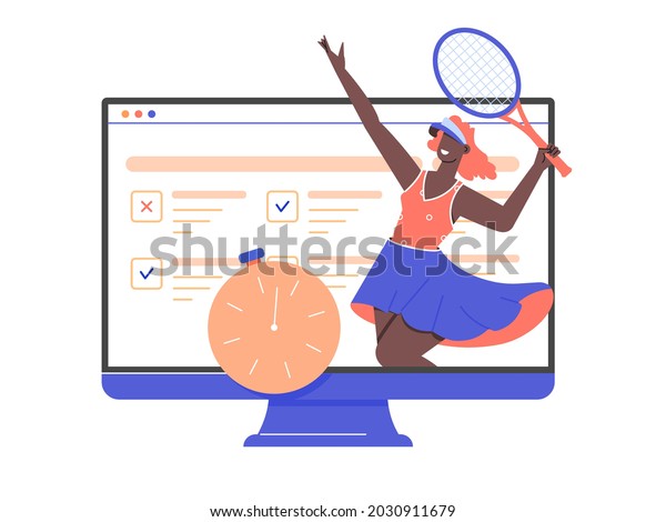 Reserve tennis time at the sports club.\
Girl athlete with a racket in her hands, a monitor with a schedule,\
a timer. Vector flat\
illustration.