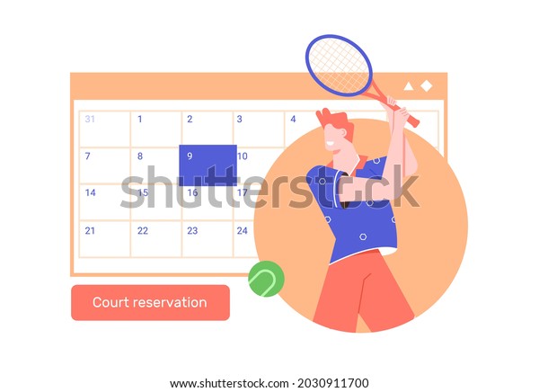 Reserve tennis time at the sports club.\
Tennis court rental.Man athlete with a racket in his hands, a\
calendar, a timer. Vector flat\
illustration.