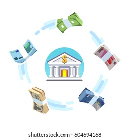 Reserve World Currencies Circulation Concept. Foreign Money Banking Exchange. US, European, Great Britain, China & Japan Cash Bundles Rotating Around Bank Icon. Flat Style Vector Isolated Illustration