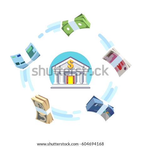 Reserve world currencies circulation concept. Foreign money banking exchange. US, European, Great Britain, China & Japan cash bundles rotating around bank icon. Flat style vector isolated illustration