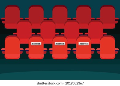 Reserved Chair Vector Concept: Red Chair With Reserved Text In The Cinema 