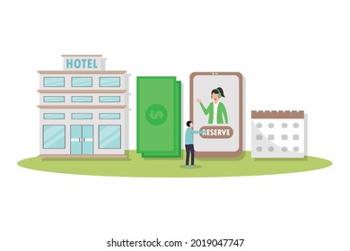 Reserviertes Hotelvektorkonzept: Der junge Mann reservierte das Hotelzimmer auf Handy-Anwendung, während er mit dem Empfangspersonal online sprach 