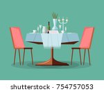 Reserved modern restaurant table with tablecloth, candles in candlestick, plant, wineglasses, reservation tabletop sign standing on it and two chairs. Bright colored cartoon vector illustration.