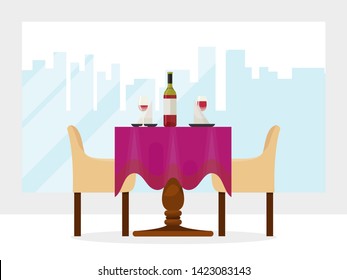 Reserved modern restaurant table with tablecloth, wineglasses, reservation tabletop two chairs cartoon vector illustration. Comfortable kitchen desk place for drink. City background window.