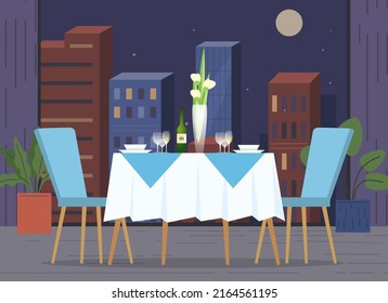 Reserved modern restaurant table with tablecloth, candles in candlestick, vase with flower, wineglasses. Lovely table in restaurant for two for romantic dinner in evening, date, couple meeting