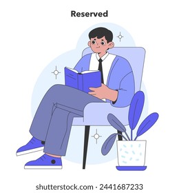 Reserved personality type from Big Five. A contemplative person immersed in reading, illustrating introspection and calmness. Flat vector illustration