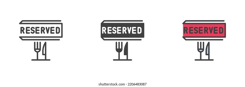 Reserved restaurant table different style icon set. Line, glyph and filled outline colorful version, outline and filled vector sign. Symbol, logo illustration. Vector graphics