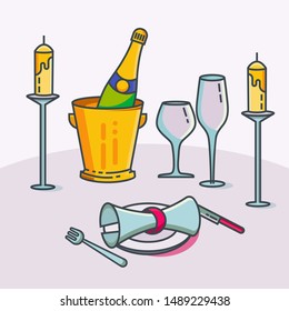 Reserved restaurant table with tablecloth, candles in candlestick, plant, wineglasses, champagne wine and cutlery vector illustration. Reservation table in restaurant or cafe.
