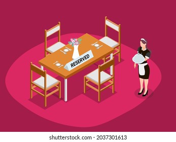 Reserved sign on restaurant table with female waiter carrying dish. isometric vector concept