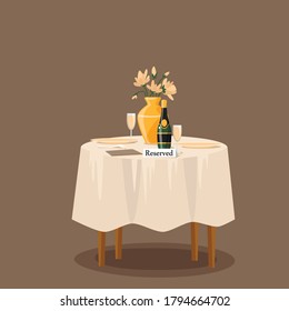 Reserved sign on the table in restaurant. Cartoon vector illustration. Dinner date. Celebration at the cafe. 