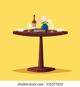 Reserved sign on the table in restaurant. Cartoon vector illustration. Dinner date. Celebration at the cafe. Food and drink theme. Romantic evening. 