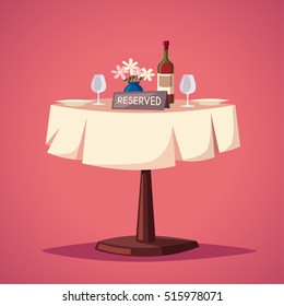 Reserved Sign On The Table In Restaurant. Cartoon Vector Illustration. Dinner Date. Celebration At The Cafe. Food And Drink Theme. Romantic Evening. 