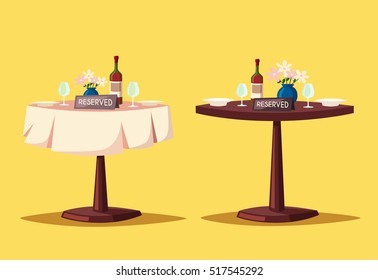 Reserved sign on the table in restaurant. Cartoon vector illustration. Dinner date. Celebration at the cafe. Food and drink theme. Romantic evening. 