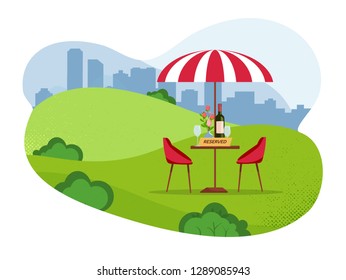 Reserved sign on the table in street park cafe. Reserved Table concept. Reserve relaxing in an outdoor cafe in city park on a grassy lawn under a striped parasol. Flat cartoon vector illustration