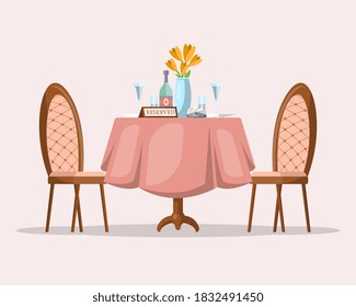 Reserved table. Isolated cartoon banquet table with reserved sign, elegant tablecloth, wine bottle, drink in glass, chairs. Romantic dinner or lunch setting. Cafe table reservation vector illustration