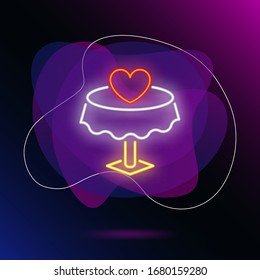 Signo de neón de la tabla reservada. Mesa de neón brillante con corazón rojo sobre fondo de pared de ladrillo. La ilustración vectorial se puede utilizar para el romanticismo, el amor, la cena, el noviazgo